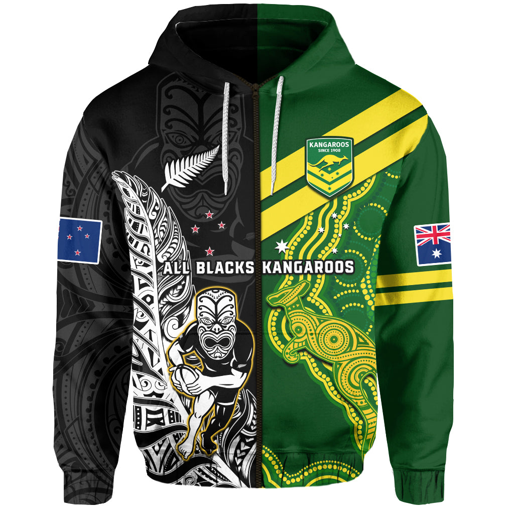 Custom Australia Kangaroos and All Black Rugby Hoodie Aboriginal Mix NZ Maori Fern LT14 - Polynesian Pride