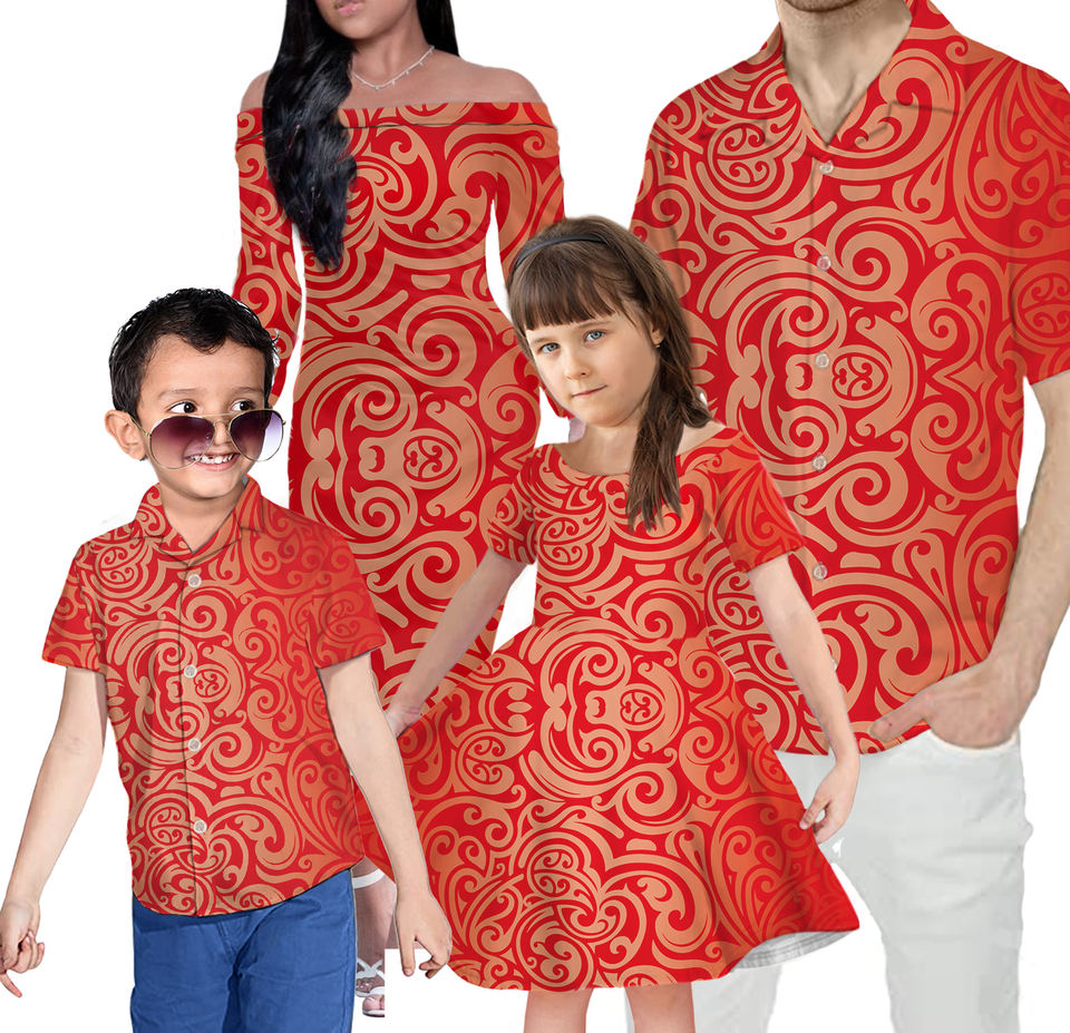 Red Polynesian Tribal Matching Clothes For Family Off Shoulder Long Sleeve Dress And Shirt Family Set - Polynesian Pride