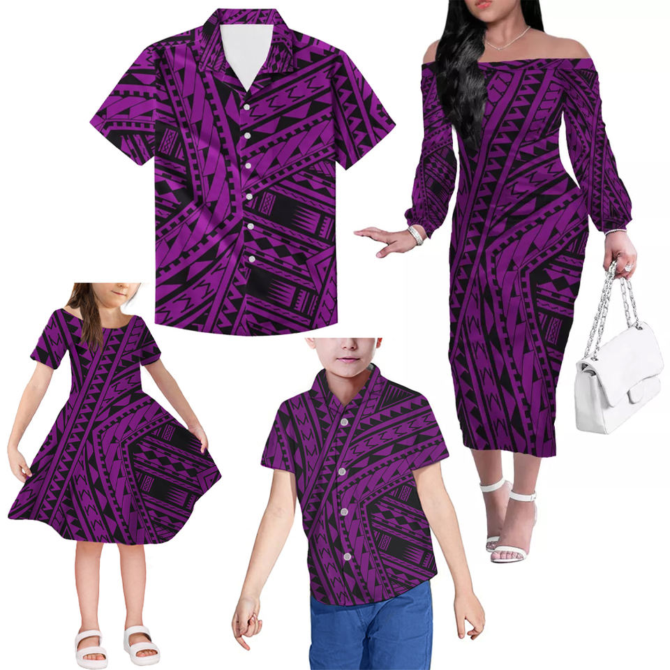 Purple Polynesian Tribal Hawaii Floral Family Matching Outfits Polynesian Off Shoulder Long Sleeve Dress And Shirt - Polynesian Pride