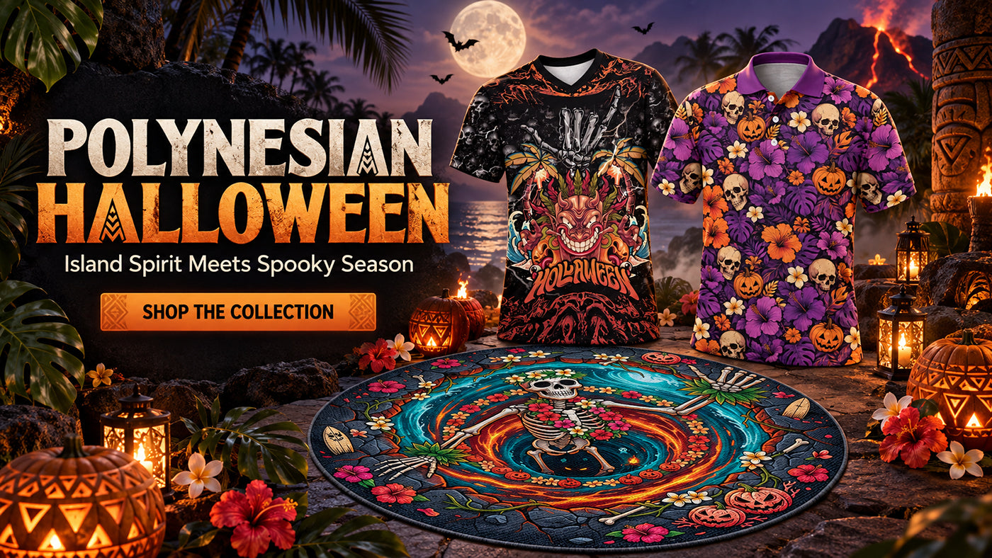 A promotional collage for a 'Polynesian Halloween' collection, featuring two t-shirts and a round printed mat. The shirts display vibrant, colorful patterns: one black with a red and orange skull graphic, and one purple with a skull and flower print.
