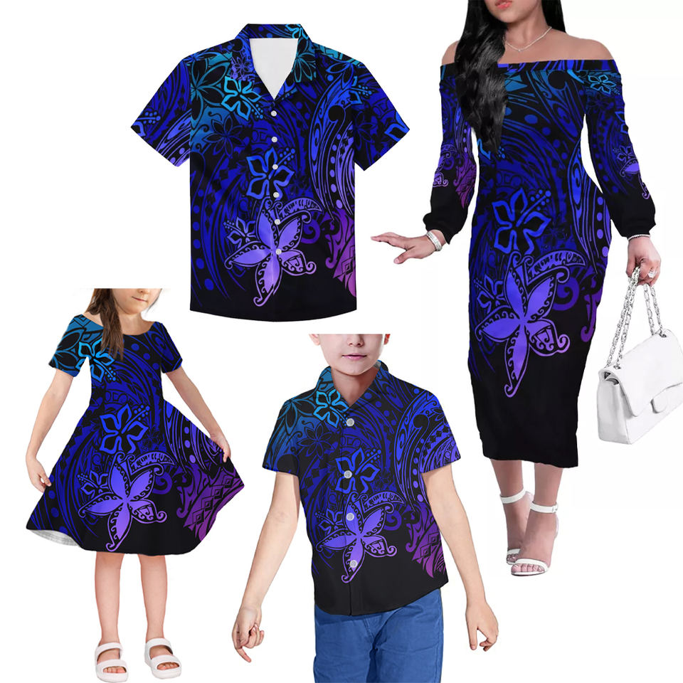 Polynesian Tribal Pattern Family Matching Outfits Hawaii Off Shoulder Long Sleeve Dress And Shirt - Polynesian Pride