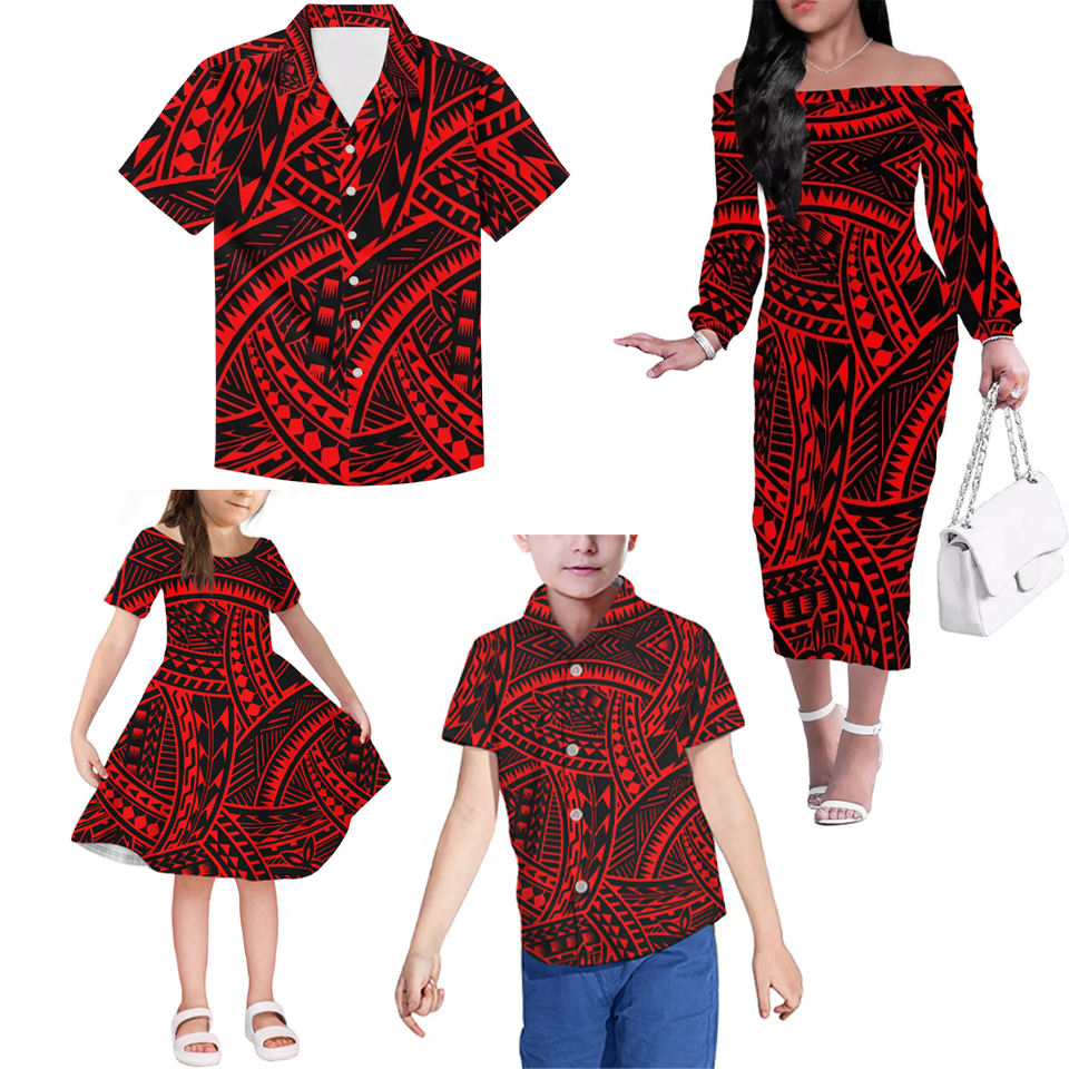 Red Hawaii Polynesian Matching Clothes For Family Hawaii Off Shoulder Long Sleeve Dress And Shirt Family Set Clothes - Polynesian Pride