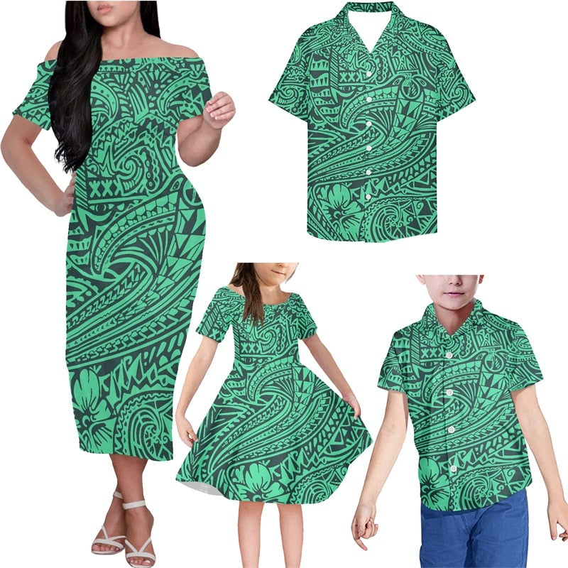 Blue Polynesian Tribal Family Matching Outfit Hawaii Flowers Off Shoulder Long Sleeve Dress And Shirt - Polynesian Pride