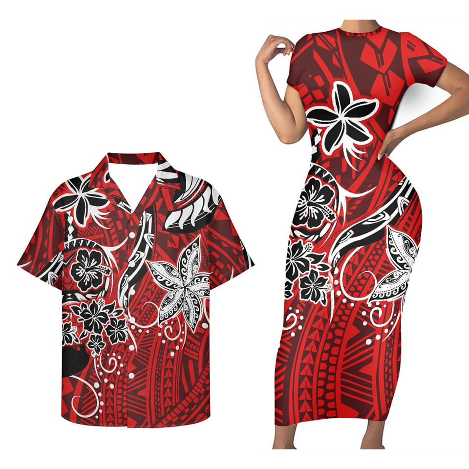Hawaii Flowers Matching Outfit For Couples Red Polynesian Tribal Bodycon Dress And Hawaii Shirt - Polynesian Pride