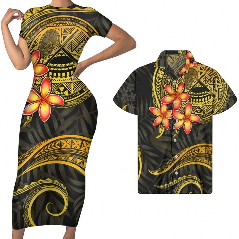 Polynesian Matching Outfit For Couples Plumeria Flowers Polynesian Tribal American Samoa Bodycon Dress And Hawaii Shirt - Polynesian Pride