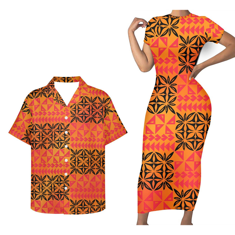 Matching Clothes For Couples Hawaii Polynesian Tribal Pattern Orange Bodycon Dress And Hawaii Shirt - Polynesian Pride