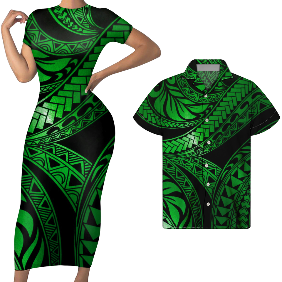 Polynesian Pride Hawaii Matching Outfit For Couples Polynesian Tribal Green Bodycon Dress And Hawaii Shirt - Polynesian Pride