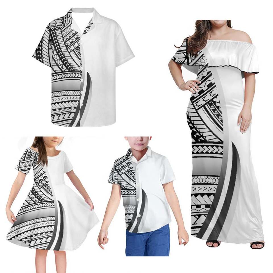 Hawaii Matching Clothes For Family Polynesian Tribal White Curve Style Off Shoulder Long Sleeve Dress And Shirt - Polynesian Pride