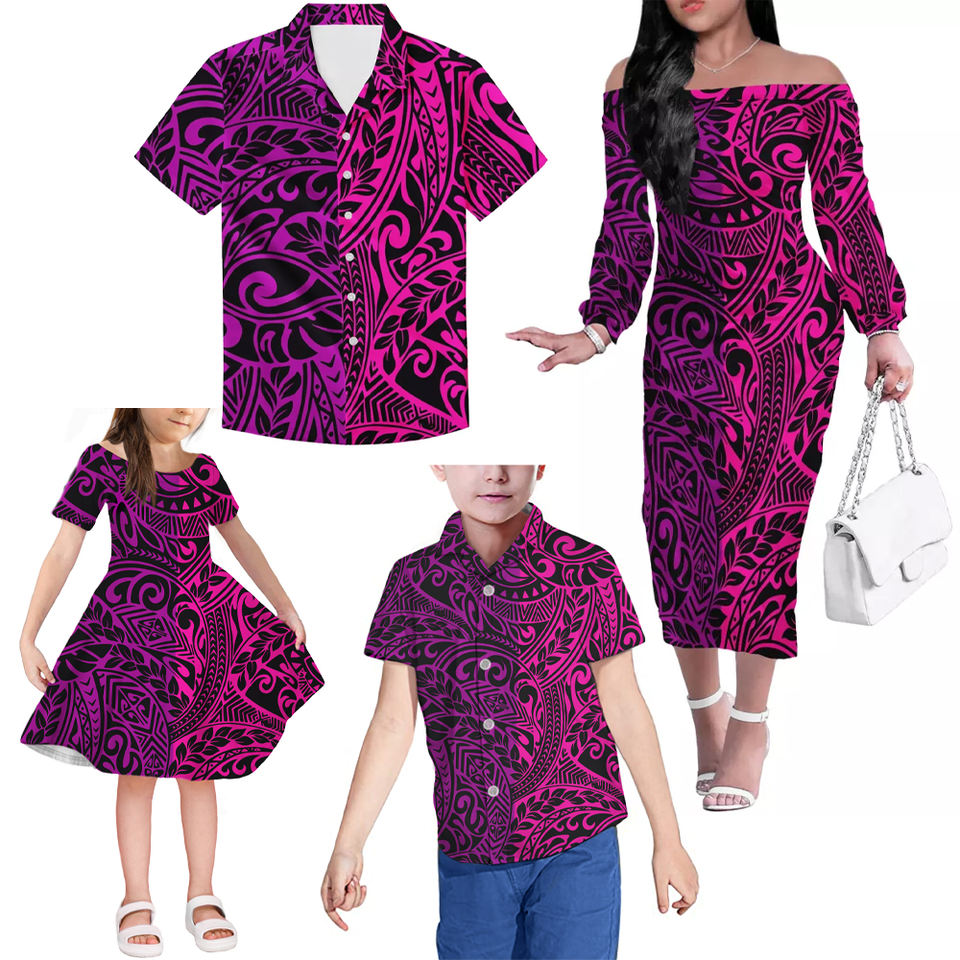 Hawaii Tropical Matching Outfits For Family Polynesian Tribal Off Shoulder Long Sleeve Dress And Shirt Family Set Clothes - Polynesian Pride