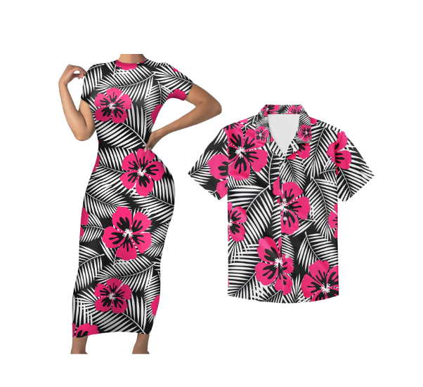 Polynesian Pride Matching Tropical Couple Outfits Hawaii Floral Leaf Bodycon Dress And Hawaii Shirt - Polynesian Pride