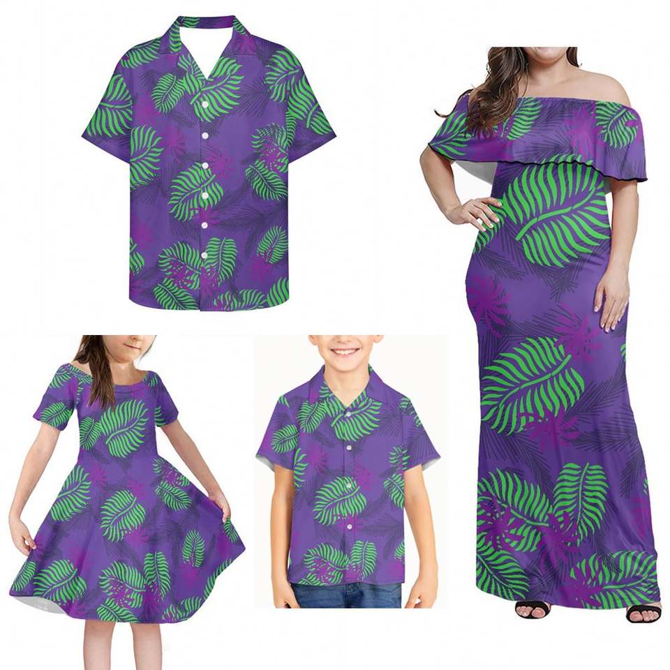 Hawaii Family Matching Outfit Samoan Polynesian Tribal Leaf Off Shoulder Long Sleeve Dress And Shirt - Polynesian Pride