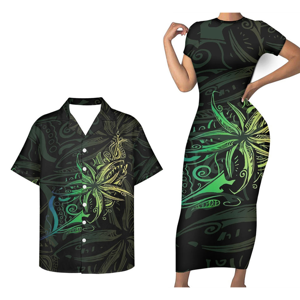 Hawaii Matching Clothes For Couples Polynesian Tribal Black And Green Bodycon Dress And Hawaii Shirt - Polynesian Pride