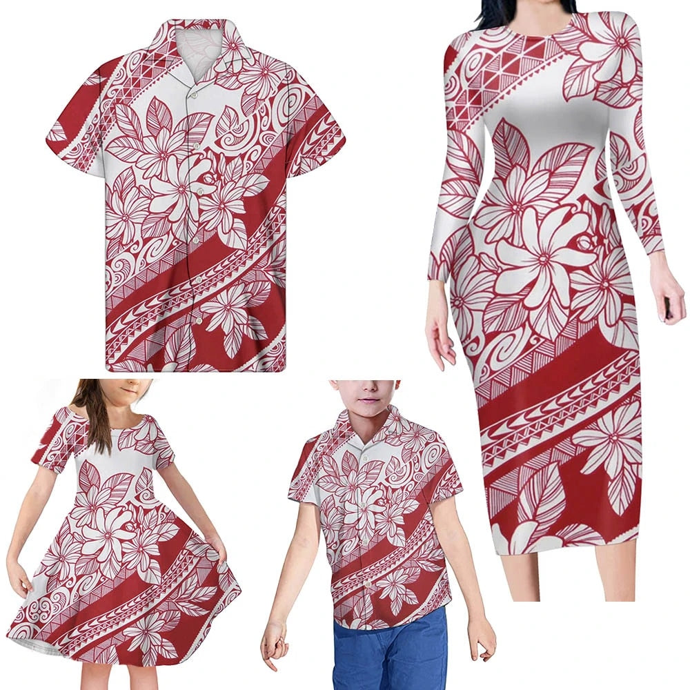 Red And White Matching Family Outfits Hawaii Floral Polynesian Tribal Bodycon Dress And Hawaii Shirt - Polynesian Pride