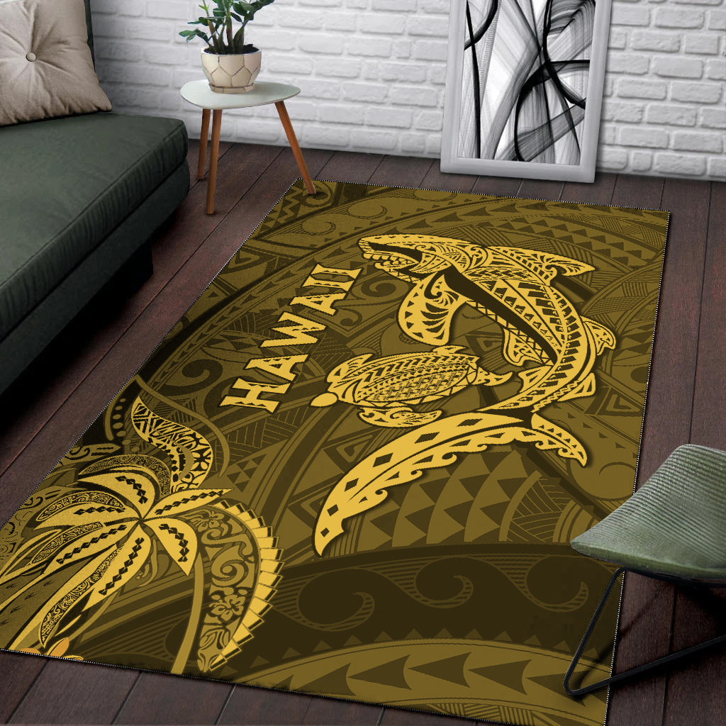 Hawaii Shark and Turtle Area Rug With Gold Kakau LT9 Gold - Polynesian Pride