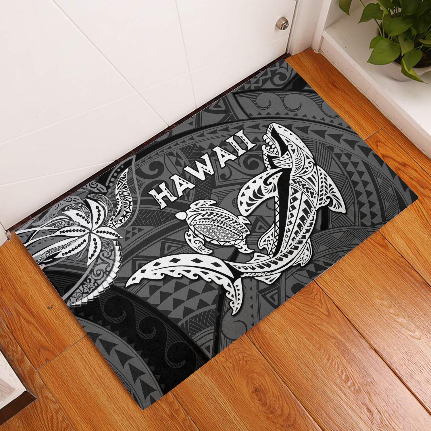 Hawaii Shark and Turtle Door Mats With Black Kakau LT9 Black - Polynesian Pride