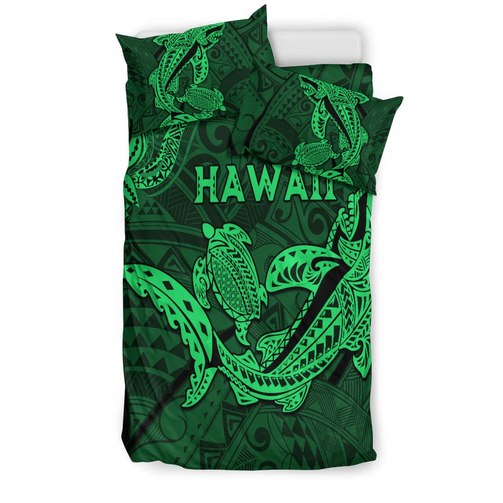 Hawaii Shark and Turtle Bedding Set With Green Kakau LT9 - Polynesian Pride