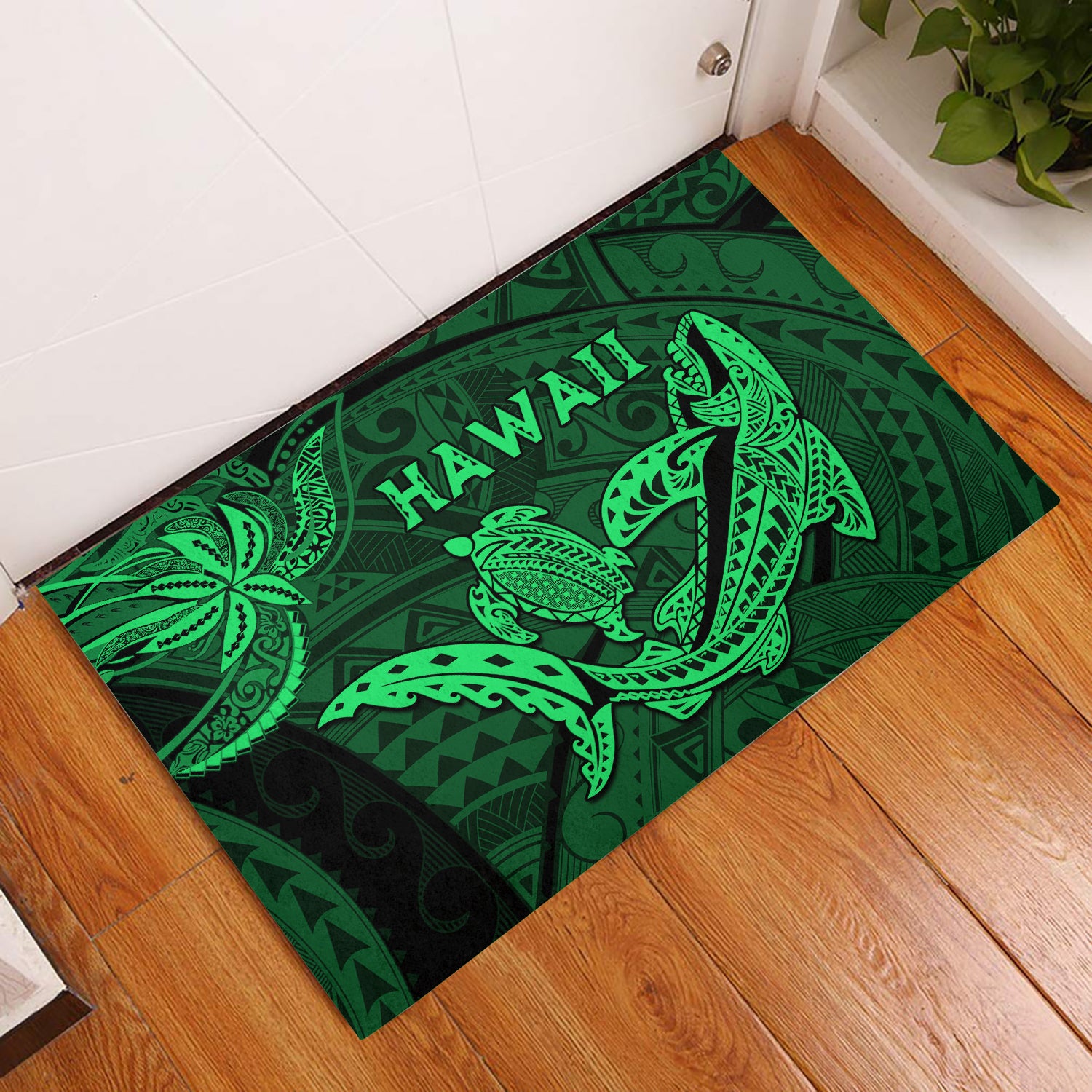 Hawaii Shark and Turtle Door Mats With Green Kakau LT9 Green - Polynesian Pride