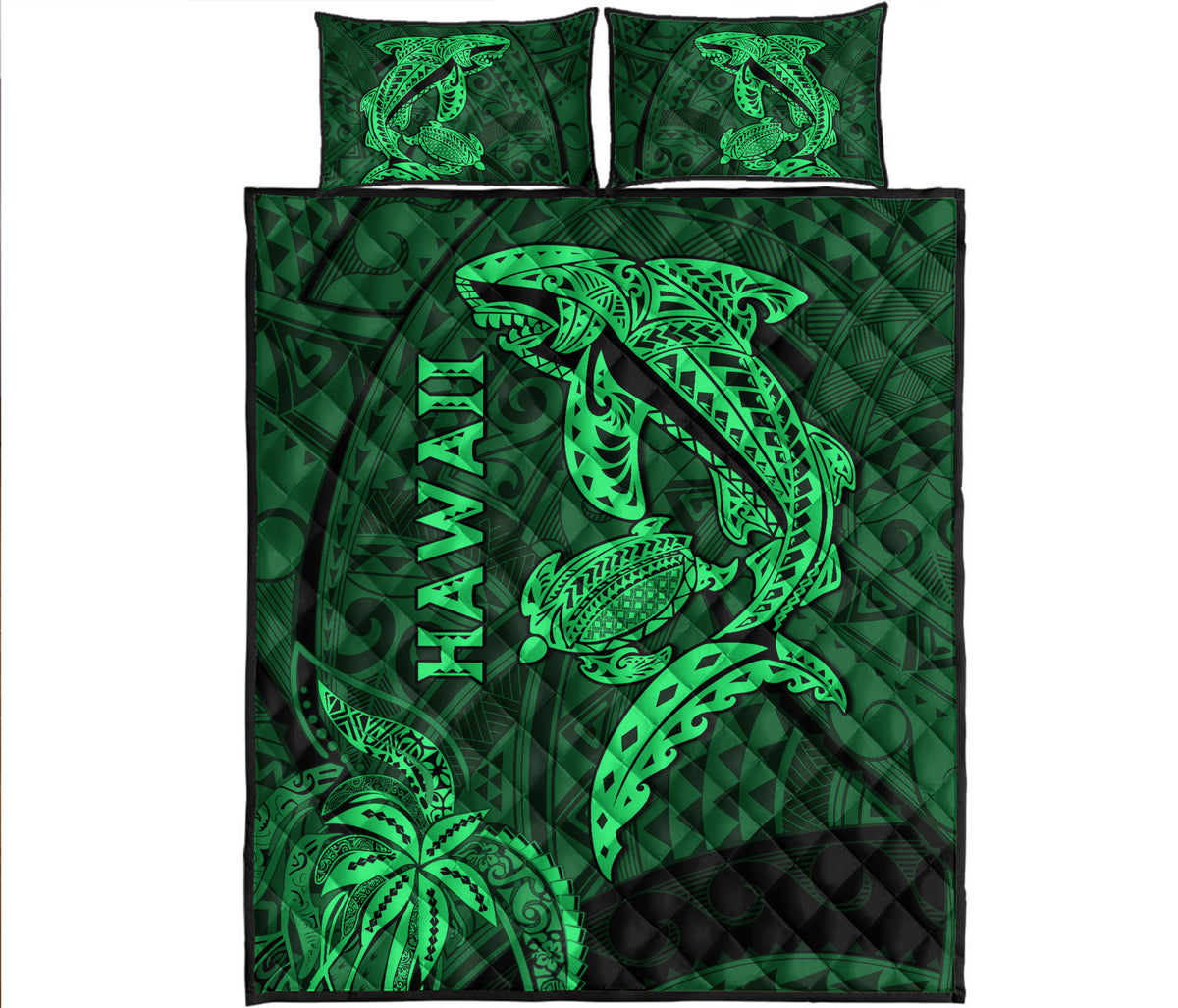 Hawaii Shark and Turtle Quilt With Green Kakau LT9 - Polynesian Pride