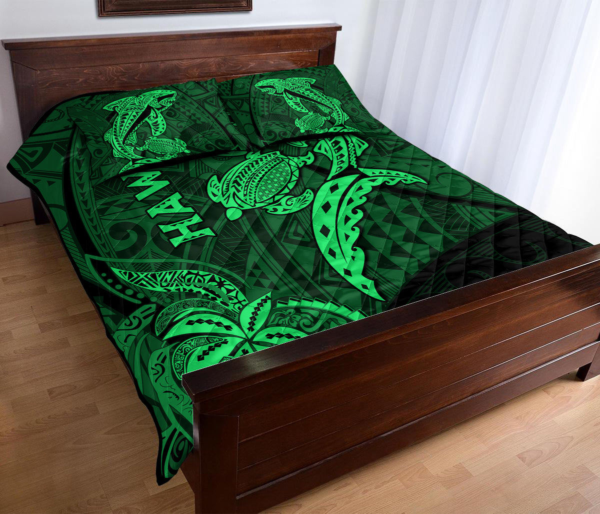 Hawaii Shark and Turtle Quilt With Green Kakau LT9 - Polynesian Pride