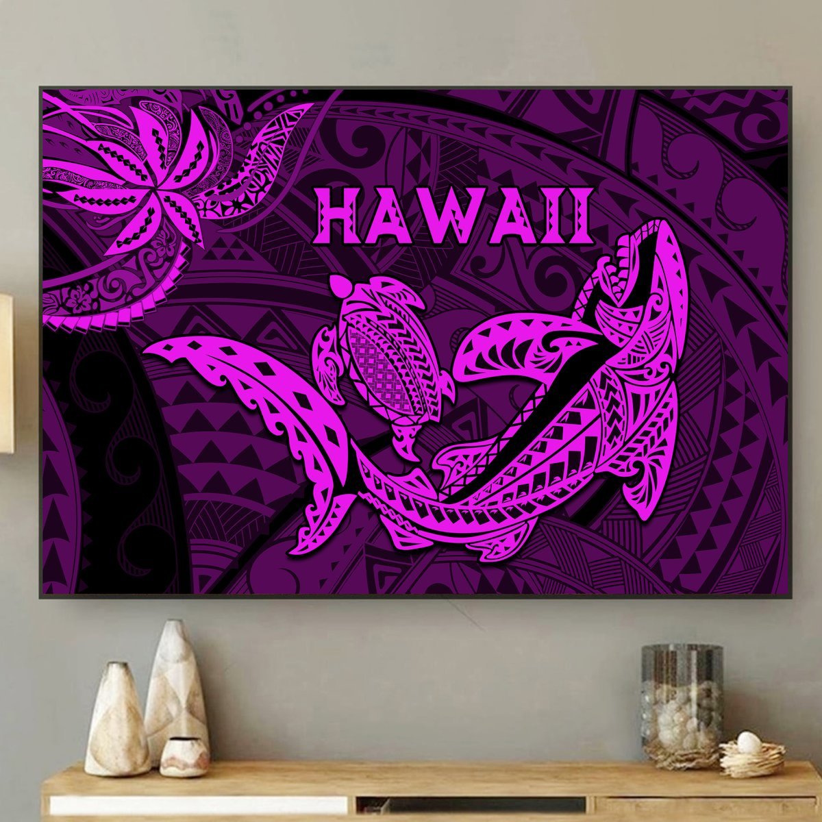 Hawaii Shark and Turtle 5 Pieces Canvas Wall Art With Purple Kakau LT9 No Frame Purple - Polynesian Pride