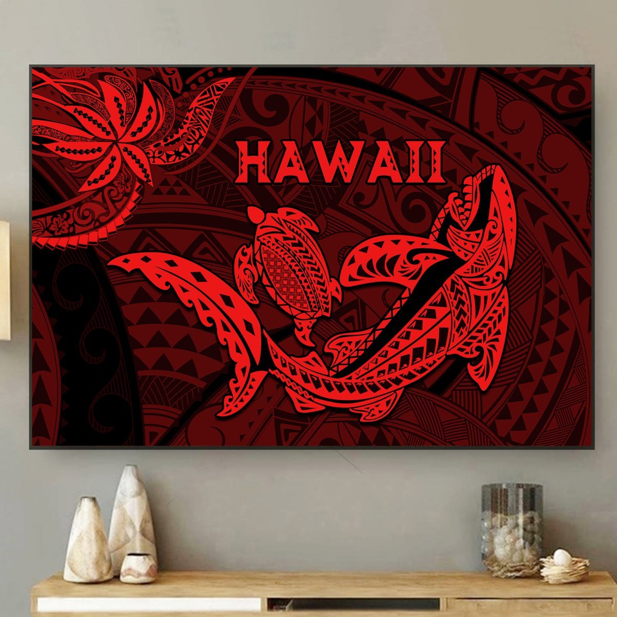 Hawaii Shark and Turtle 5 Pieces Canvas Wall Art With Red Kakau LT9 No Frame Red - Polynesian Pride