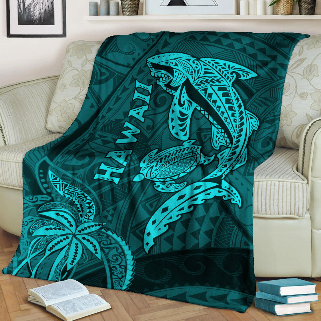 Hawaii Shark and Turtle Blanket With Turquoise Kakau LT9 Turquoise - Polynesian Pride