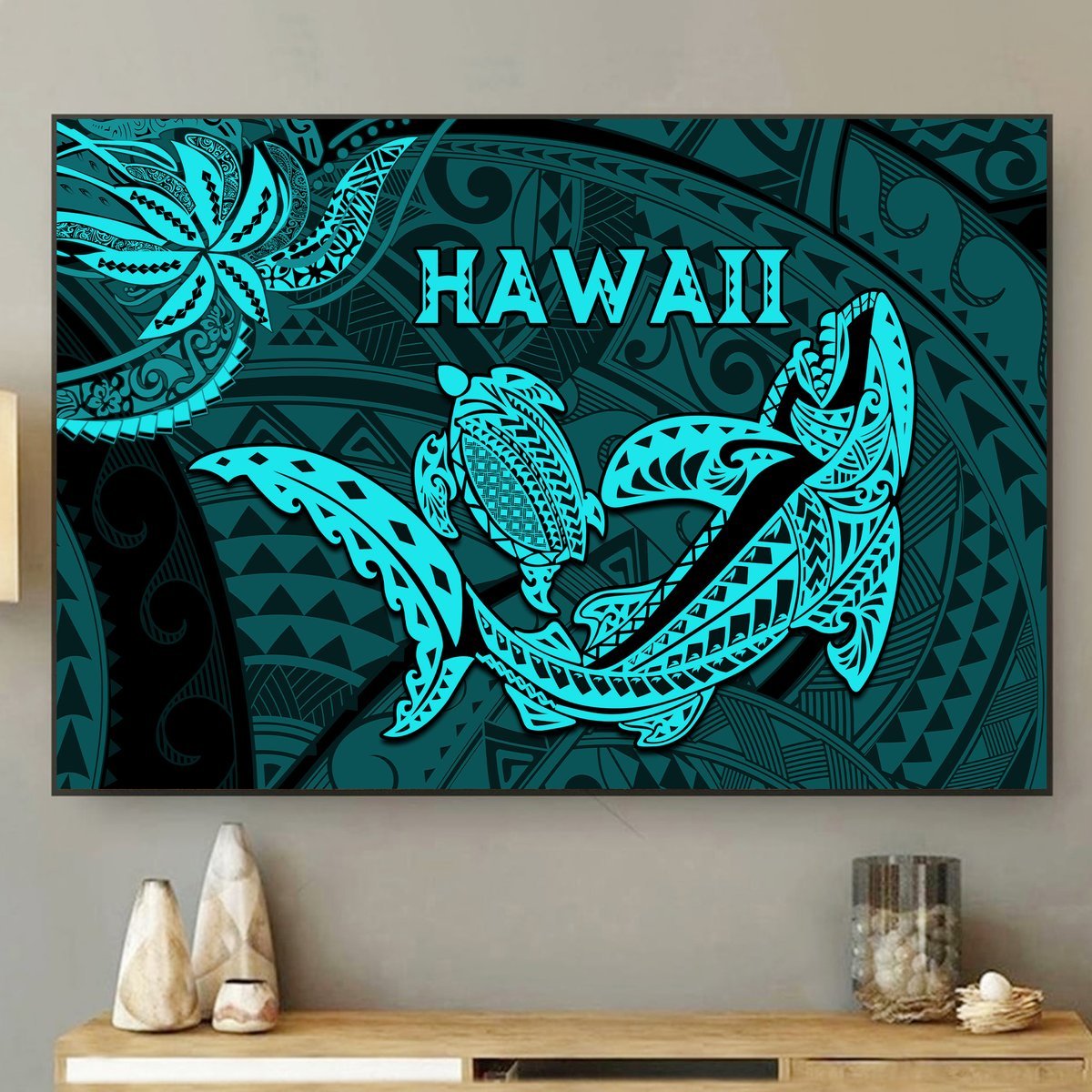 Hawaii Shark and Turtle 5 Pieces Canvas Wall Art With Turquoise Kakau LT9 No Frame Turquoise - Polynesian Pride