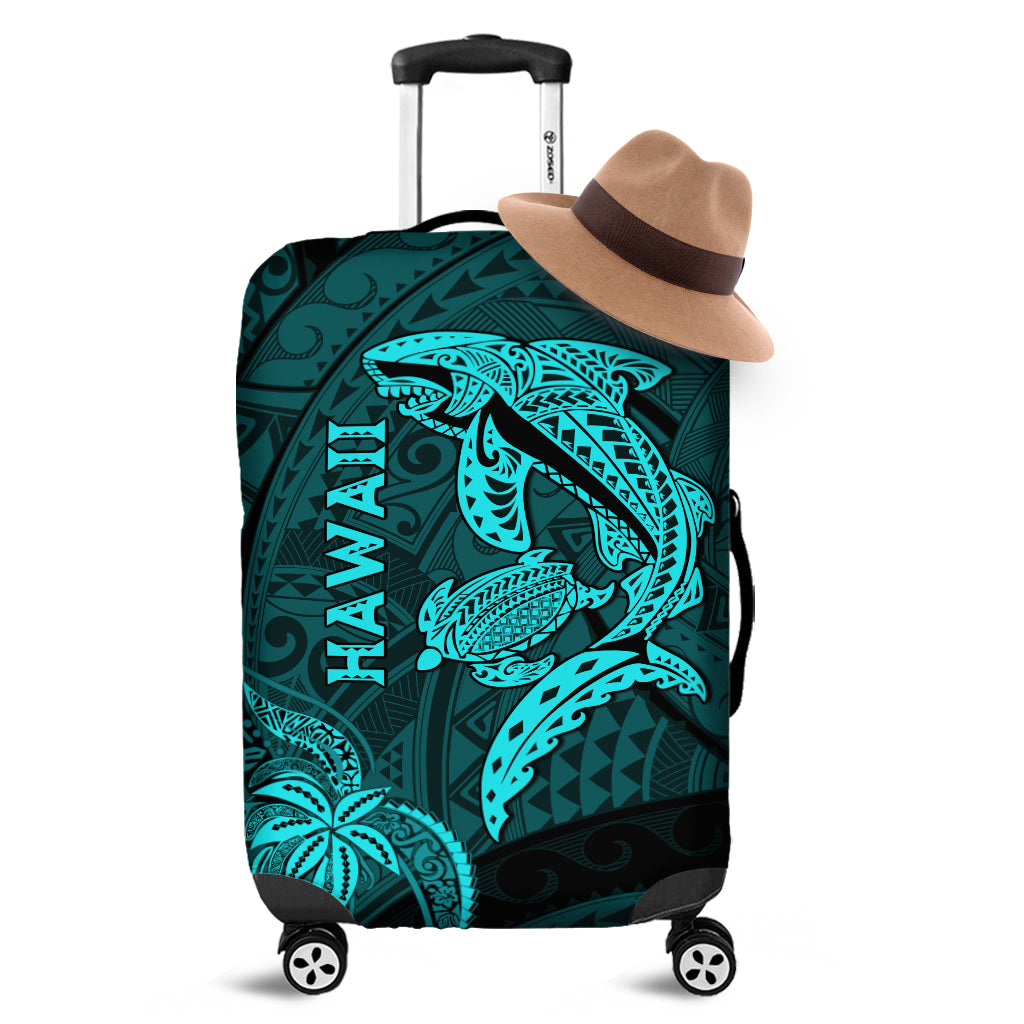 Hawaii Shark and Turtle Luggage Cover With Turquoise Kakau LT9 Turquoise - Polynesian Pride