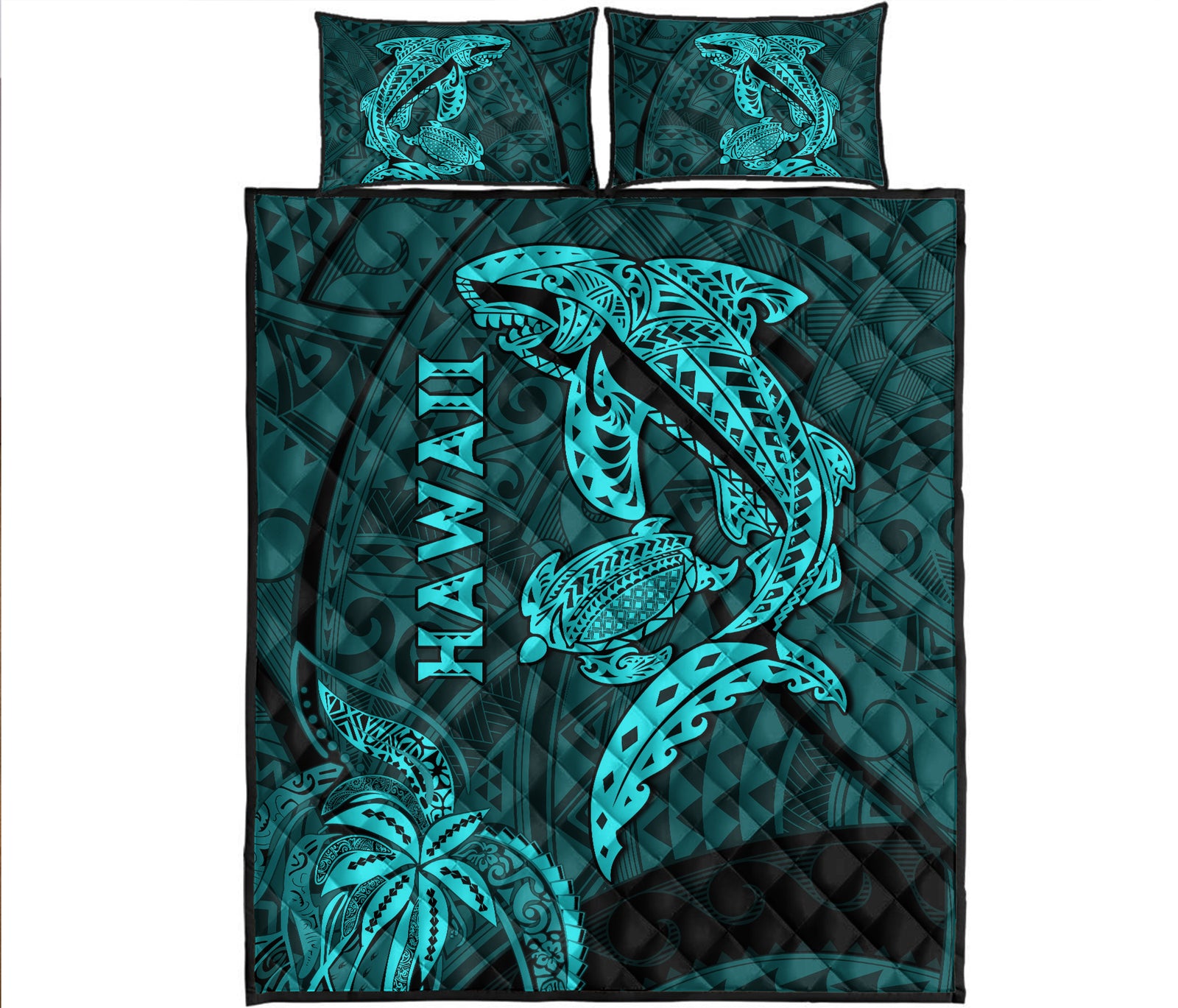 Hawaii Shark and Turtle Quilt Bed Set With Turquoise Kakau LT9 Turquoise - Polynesian Pride