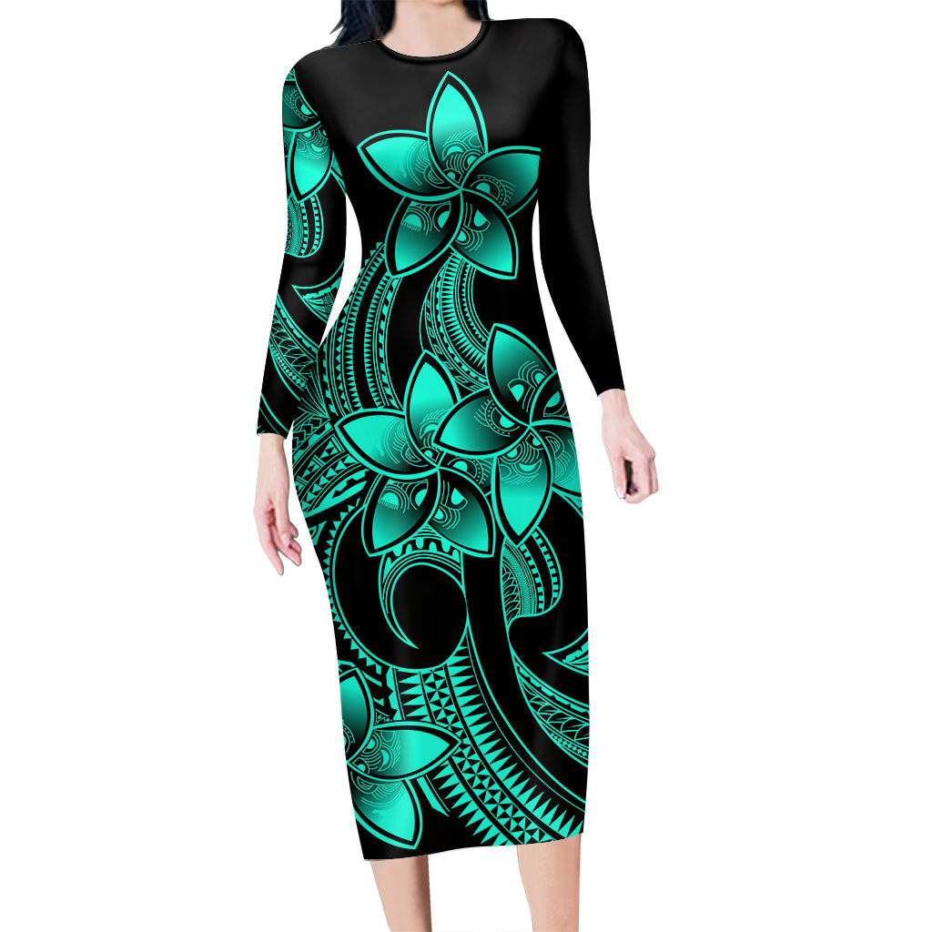 Polynesian Pride Plumeria Flowers Long Sleeve Dress Polynesian Tribal Aqua Vibe LT9 Polyester spandex Aqua - Polynesian Pride