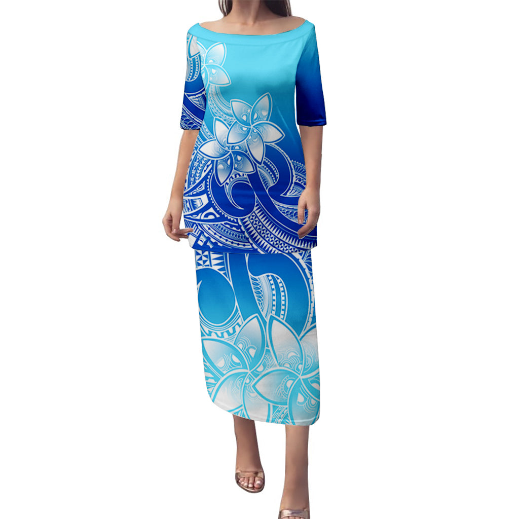 Polynesian Pride Plumeria Flowers Puletasi Dress Polynesian Tribal Gradient Blue LT9 Long Dress Gradient Blue - Polynesian Pride