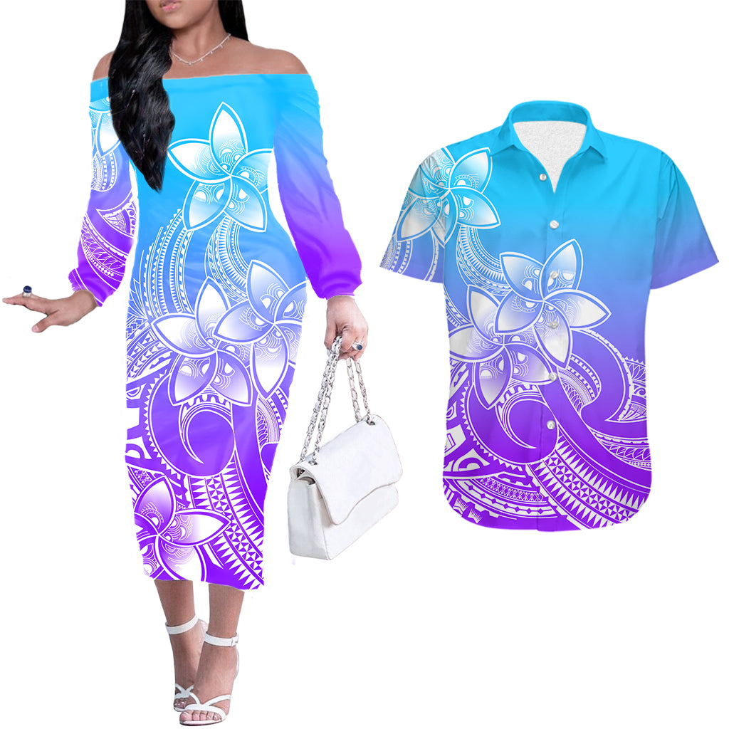 Polynesian Couple Outfits Plumeria Flowers Couples Long Sleeve Dress and Hawaiian Shirt Polynesian Tribal Gradient Purple LT9 Gradient Purple - Polynesian Pride