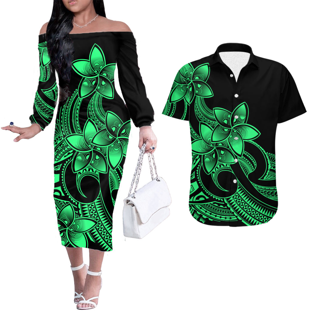 Polynesian Couple Outfits Plumeria Flowers Couples Long Sleeve Dress and Hawaiian Shirt Polynesian Tribal Green Vibe LT9 Green - Polynesian Pride