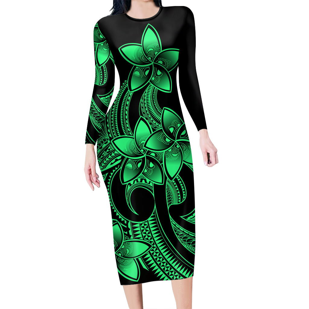 Polynesian Pride Plumeria Flowers Long Sleeve Dress Polynesian Tribal Green Vibe LT9 Polyester spandex Green - Polynesian Pride