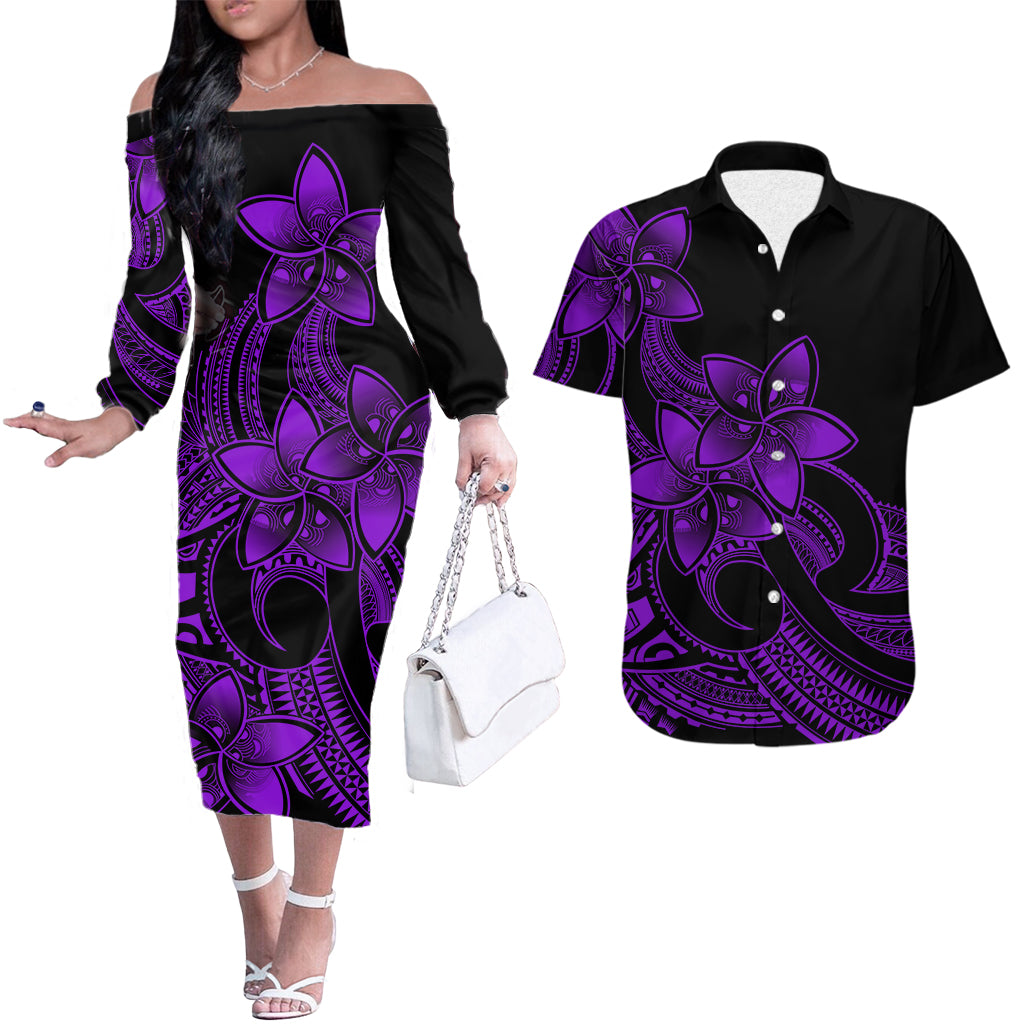 Polynesian Couple Outfits Plumeria Flowers Couples Long Sleeve Dress and Hawaiian Shirt Polynesian Tribal Purple Vibe LT9 Purple - Polynesian Pride