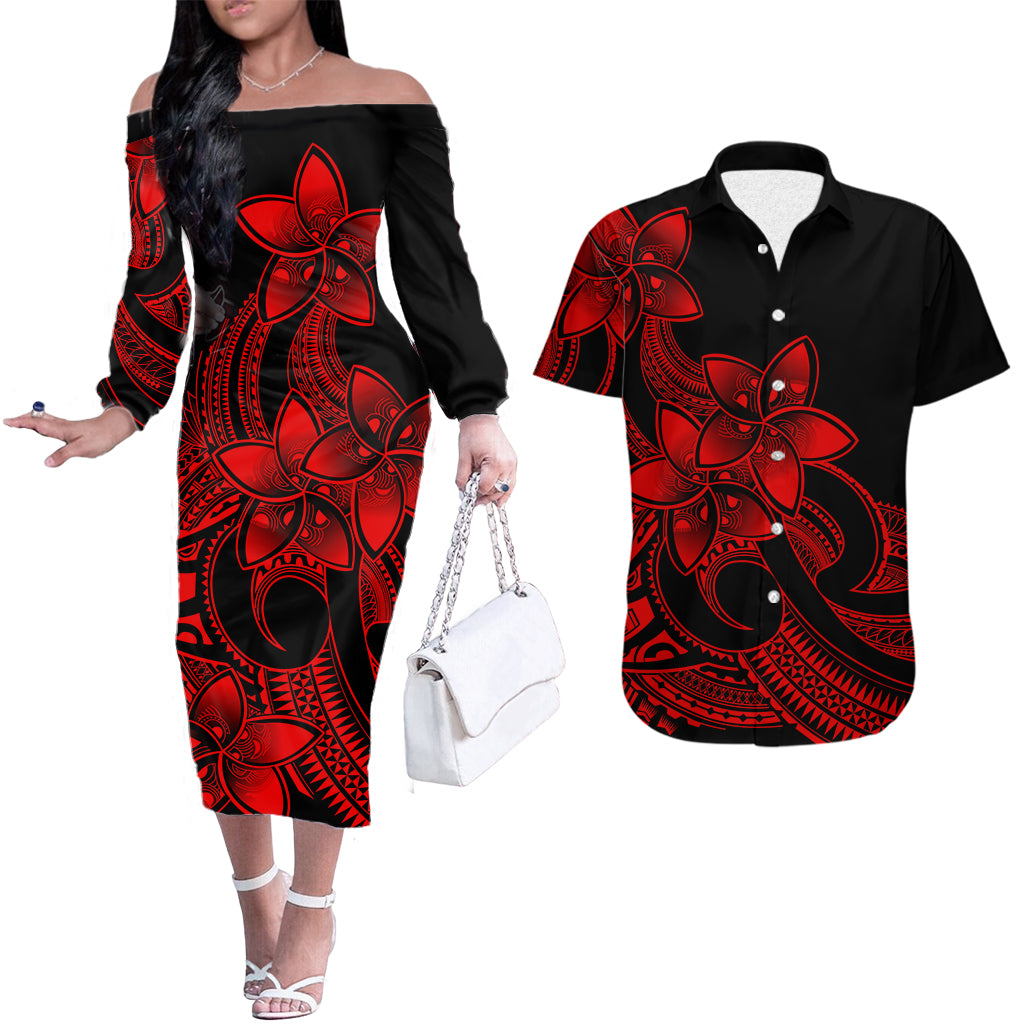 Polynesian Couple Outfits Plumeria Flowers Couples Long Sleeve Dress and Hawaiian Shirt Polynesian Tribal Red Vibe LT9 Red - Polynesian Pride