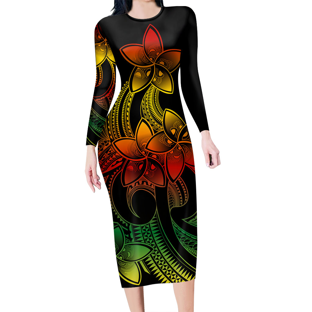 Polynesian Pride Plumeria Flowers Long Sleeve Dress Polynesian Tribal Reggae Vibe LT9 Polyester spandex Reggae - Polynesian Pride