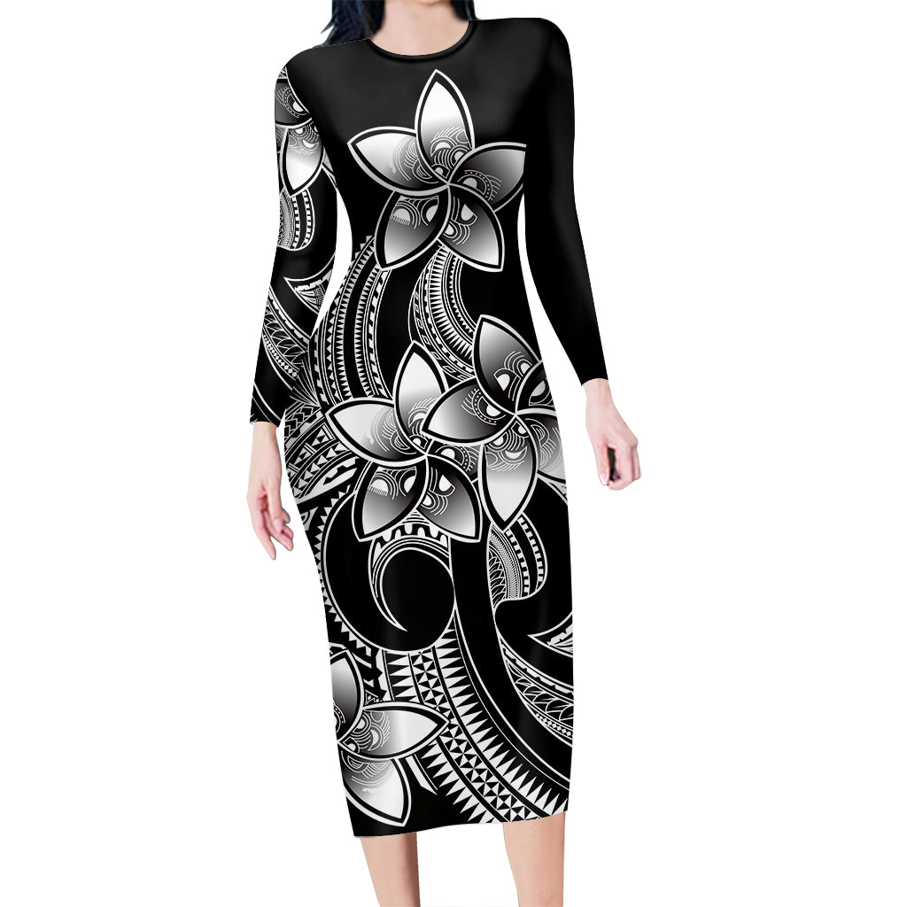 Polynesian Pride Plumeria Flowers Long Sleeve Dress Polynesian Tribal White Vibe LT9 Polyester spandex White - Polynesian Pride