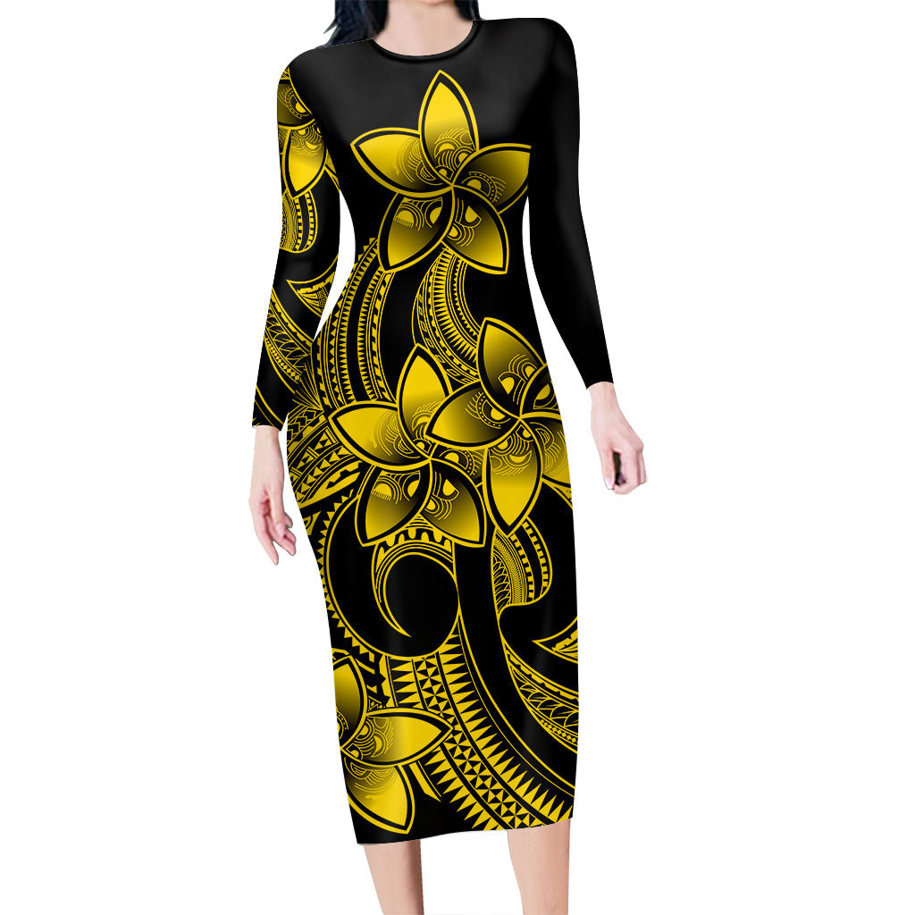 Polynesian Pride Plumeria Flowers Long Sleeve Dress Polynesian Tribal Yellow Vibe LT9 Polyester spandex Yellow - Polynesian Pride