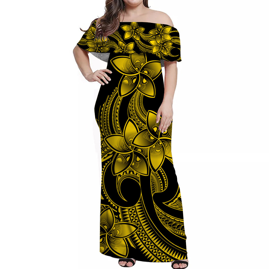 Polynesian Pride Plumeria Flowers Off Shoulder Long Dress Polynesian Tribal Yellow Vibe LT9 Women Yellow - Polynesian Pride