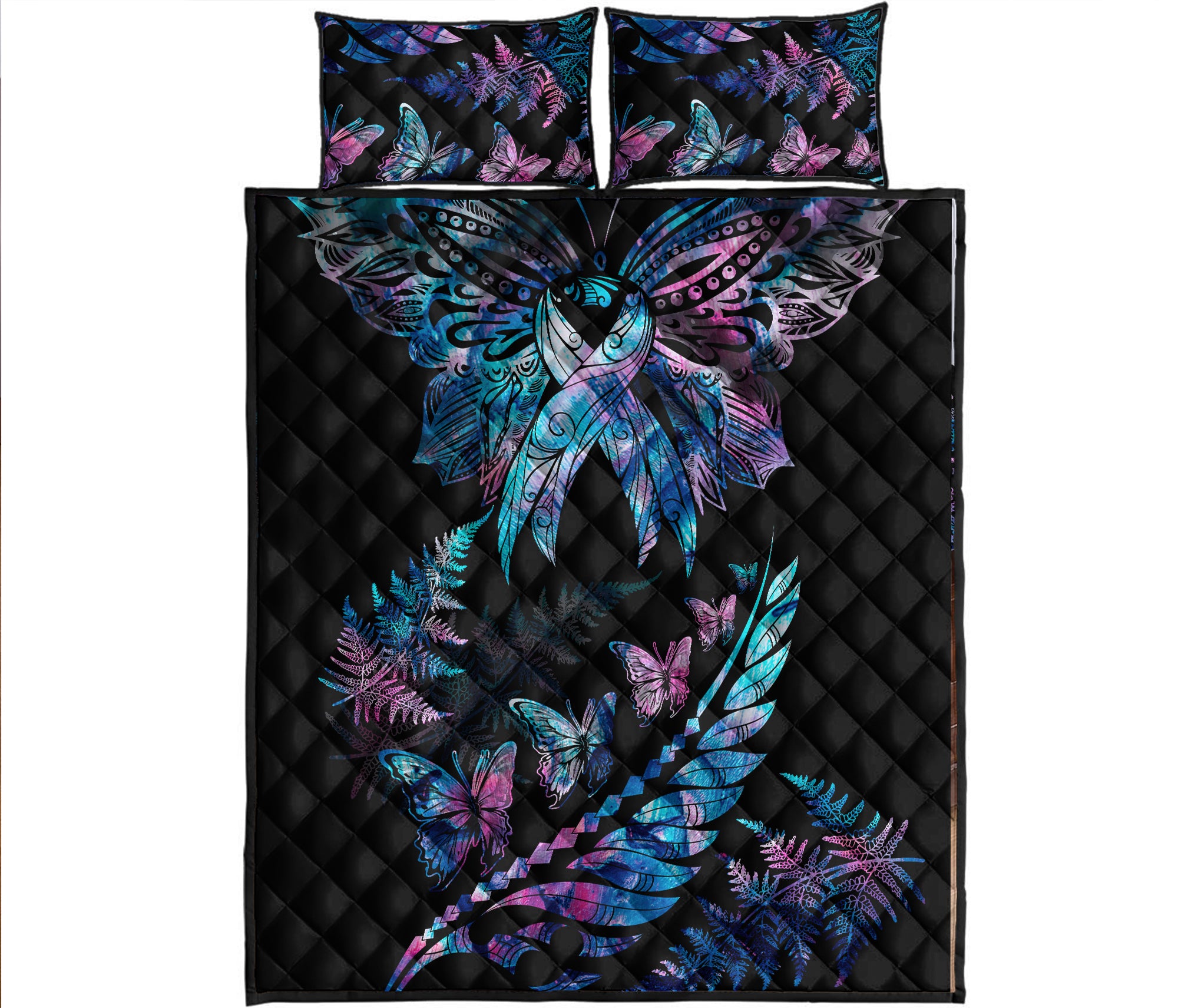 polynesia-ribbon-butterflies-quilt-bed-set-silver-fern-breast-cancer-with-papua-shell-pattern