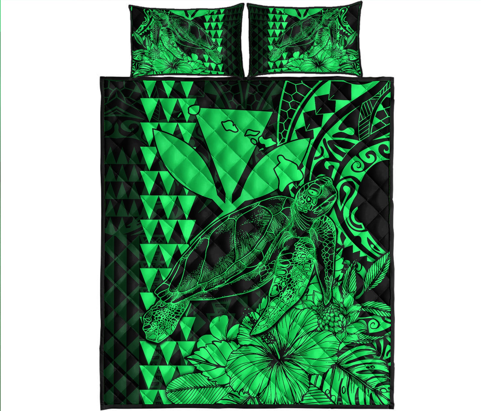 Hawaii Sea Turtle Quilt Bed Set Polynesia Kakau with Kanaka Maoli Green LT9 Green - Polynesian Pride