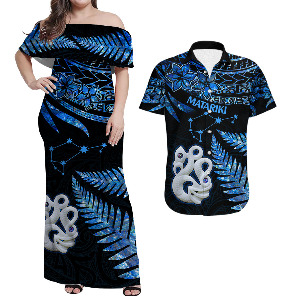 Matching Outfits For Couples Maori Couples Long Dress and Hawaiian Shirt Matariki Stars Manaia with Paua Shell - Blue LT9 Blue - Polynesian Pride