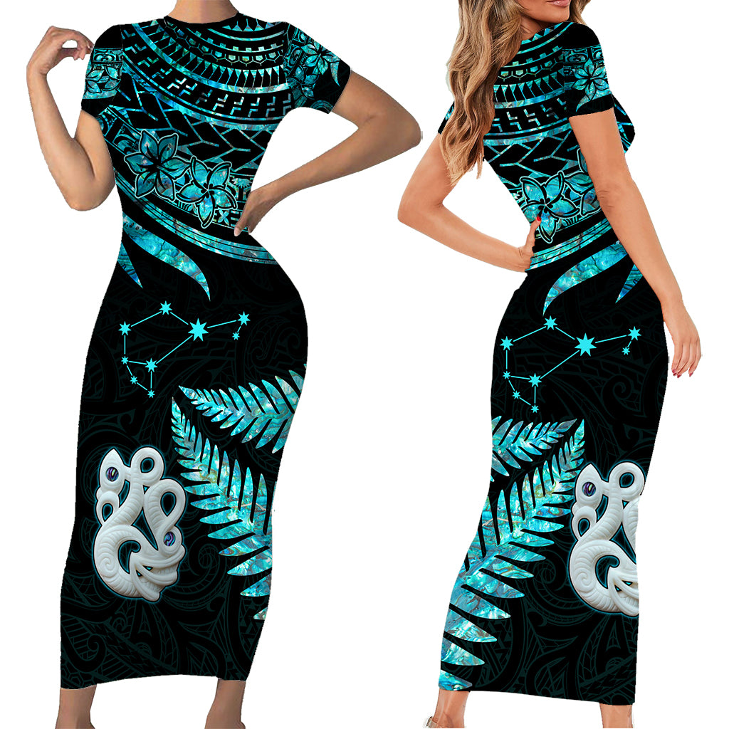 Matariki New Zealand Short Sleeve Body Long Dress Manaia with Paua Shell - Aqua LT9 - Polynesian Pride