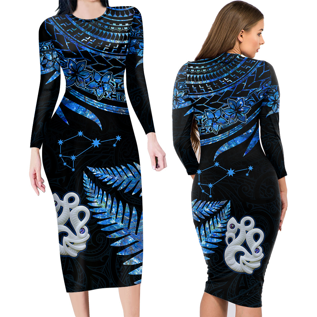 Matariki New Zealand Long Sleeve Dress Manaia with Paua Shell - Blue LT9 Polyester/spandex Blue - Polynesian Pride