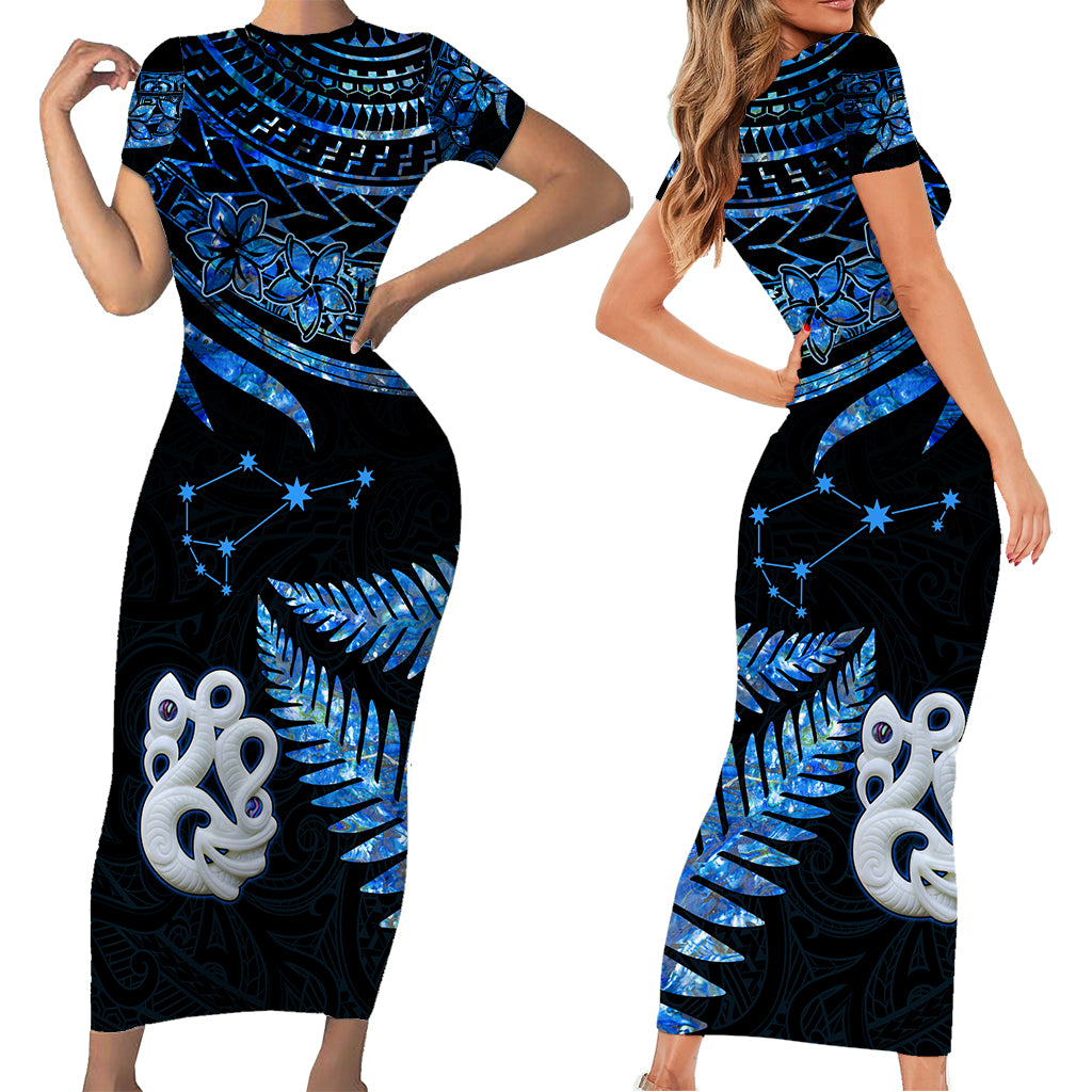 Matariki New Zealand Short Sleeve Body Long Dress Manaia with Paua Shell - Blue LT9 - Polynesian Pride