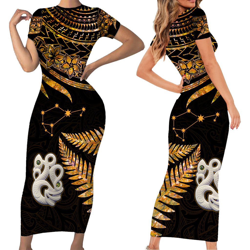 Matariki New Zealand Short Sleeve Body Long Dress Manaia with Paua Shell - Gold LT9 - Polynesian Pride