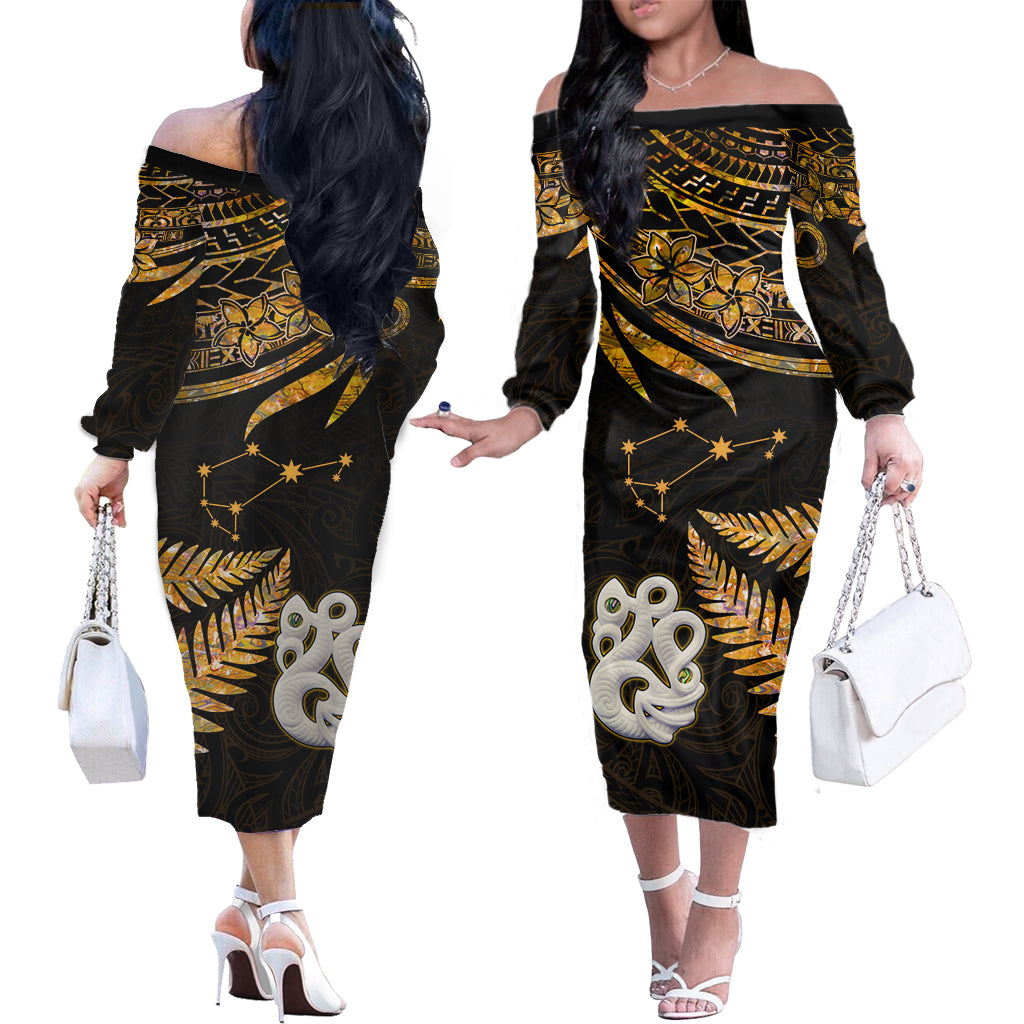 Matariki New Zealand Off Shoulder Long Sleeve Dress Manaia with Paua Shell - Gold LT9 Women Gold - Polynesian Pride