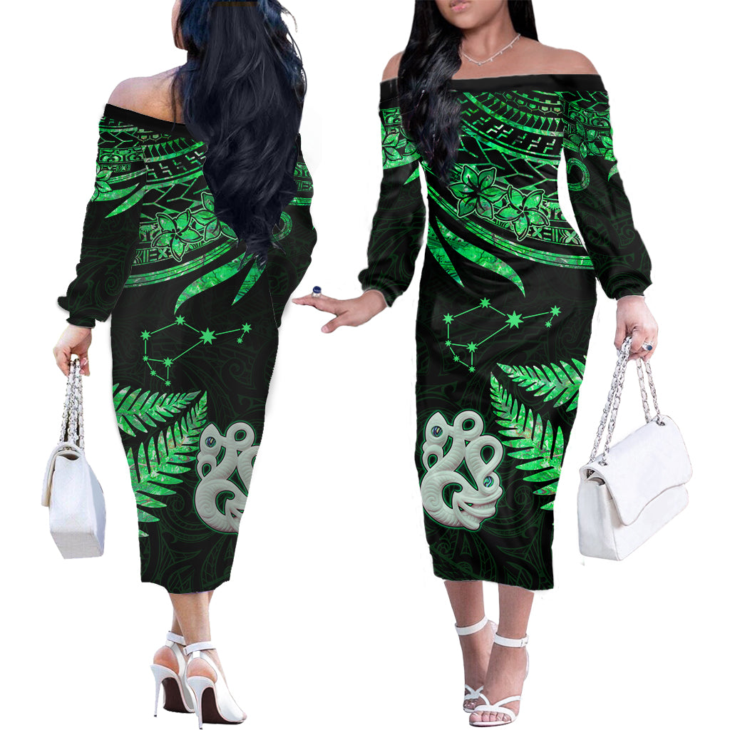 Matariki New Zealand Off Shoulder Long Sleeve Dress Manaia with Paua Shell - Green LT9 Women Green - Polynesian Pride