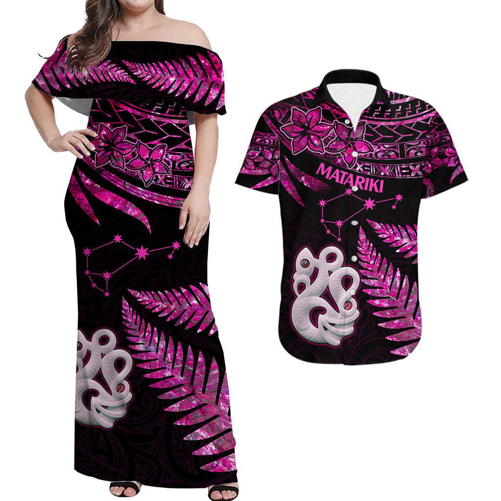 Matching Outfits For Couples Maori Couples Long Dress and Hawaiian Shirt Matariki Stars Manaia with Paua Shell - Pink LT9 Pink - Polynesian Pride